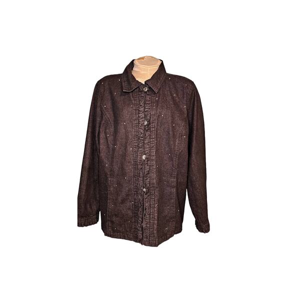 Quacker factory black‎ ruffled denim jacket large - Picture 1 of 5